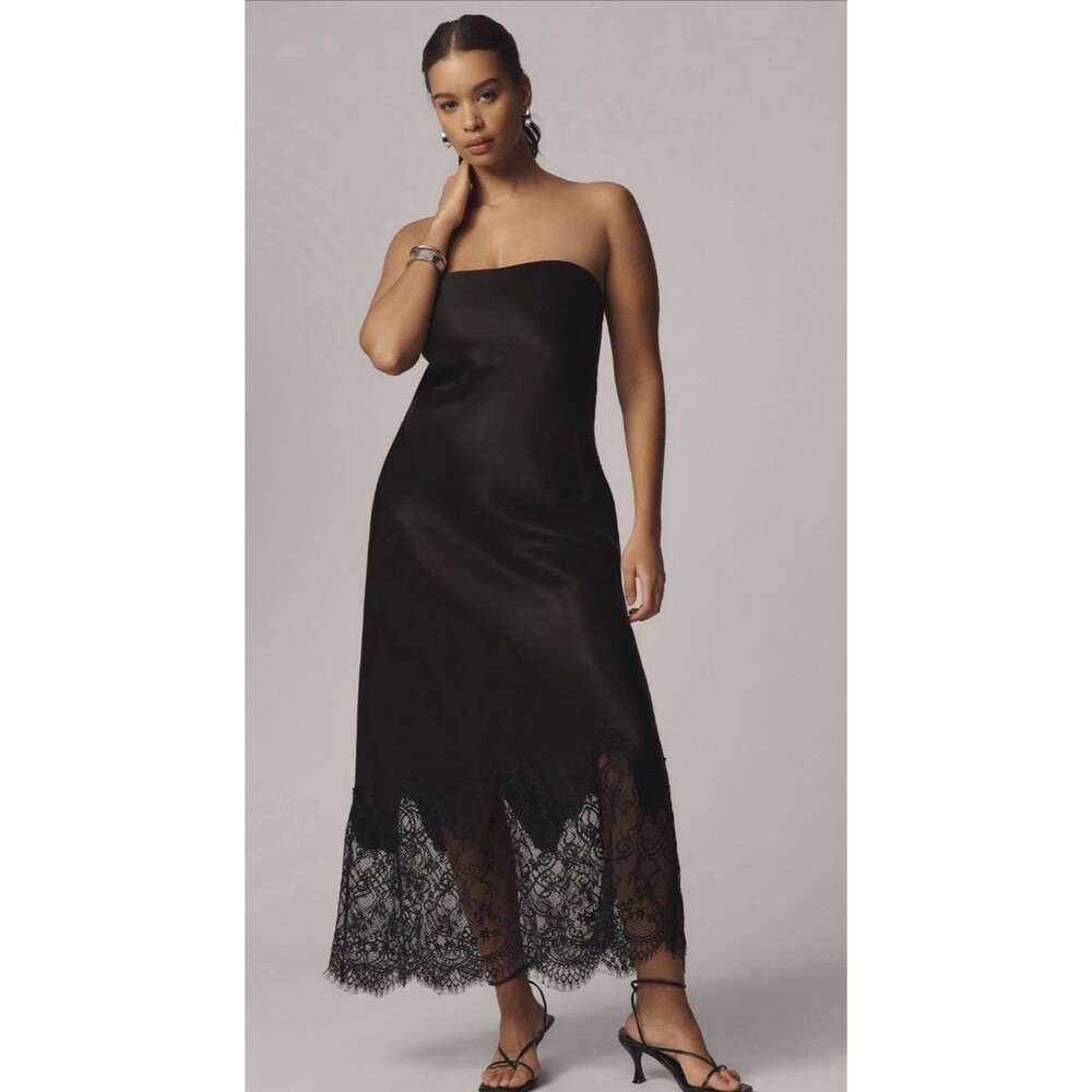 Anthropologie Midi Slip Dress Black Lace Trim Date Night Preppy Vacay Large NWT